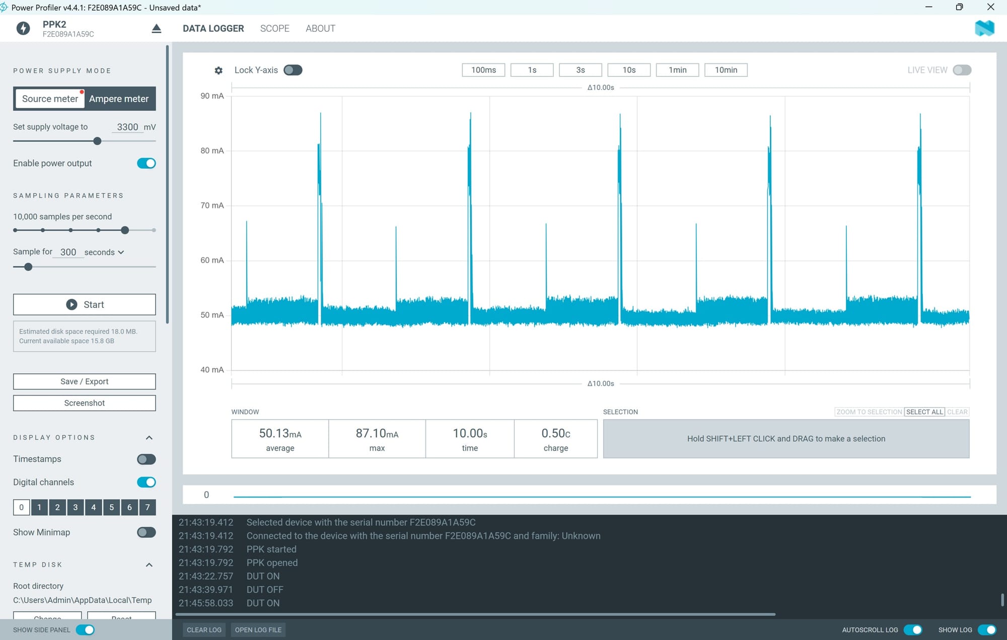 PPK2 current capture at a 3.3 V source setting. Screenshot evidence is retained as supplied; raw trace and matched firmware version are not provided.