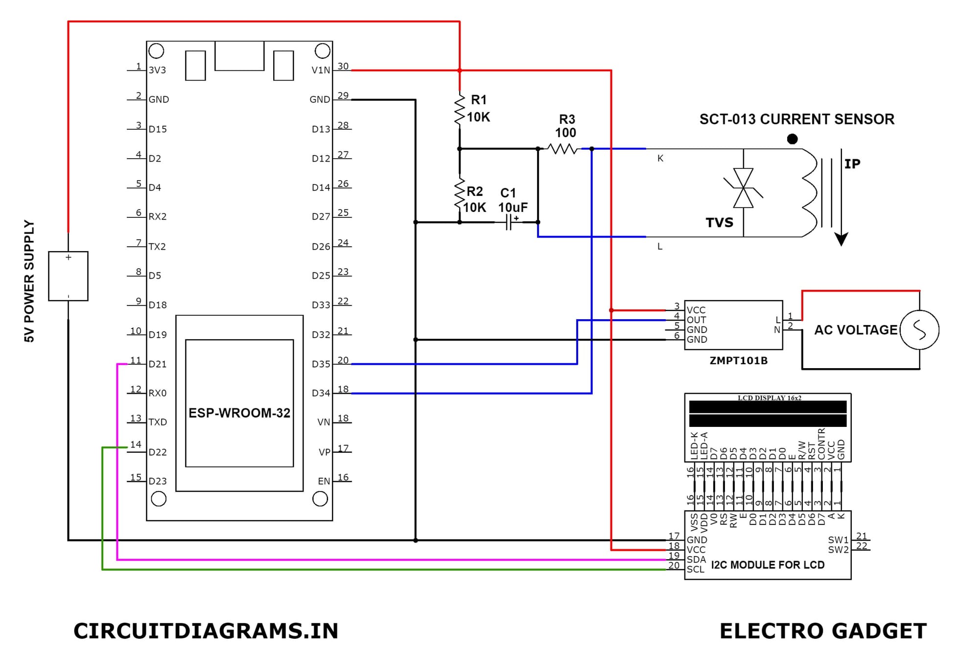 Third-party reference from the ZIP, visibly credited to CIRCUITDIAGRAMS.IN/ELECTROGADGET. It depicts a different direct ADC/LCD arrangement; it is not Sreekar’s final ADS1115 schematic or wiring instruction.